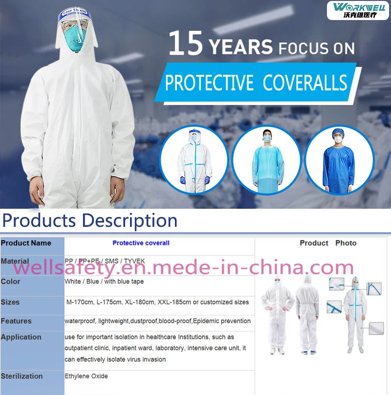 Factory Price En14126 Tyvek Coverall Cat3 SMS+PE 60g Coverall Chemical Reusable Isolation Gowns Protective Clothing Type 5/6 Washable Coverall Tyvek 400